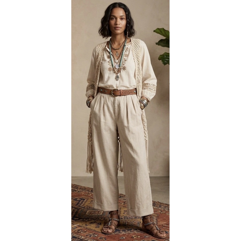 Free People High Rise Super Wide Leg Cuffed Khaki Trousers Pleated‎ Size Large